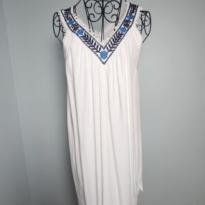LOFT White Boho Embroidered Swing Dress Blue Trim Sleeveless Summer S